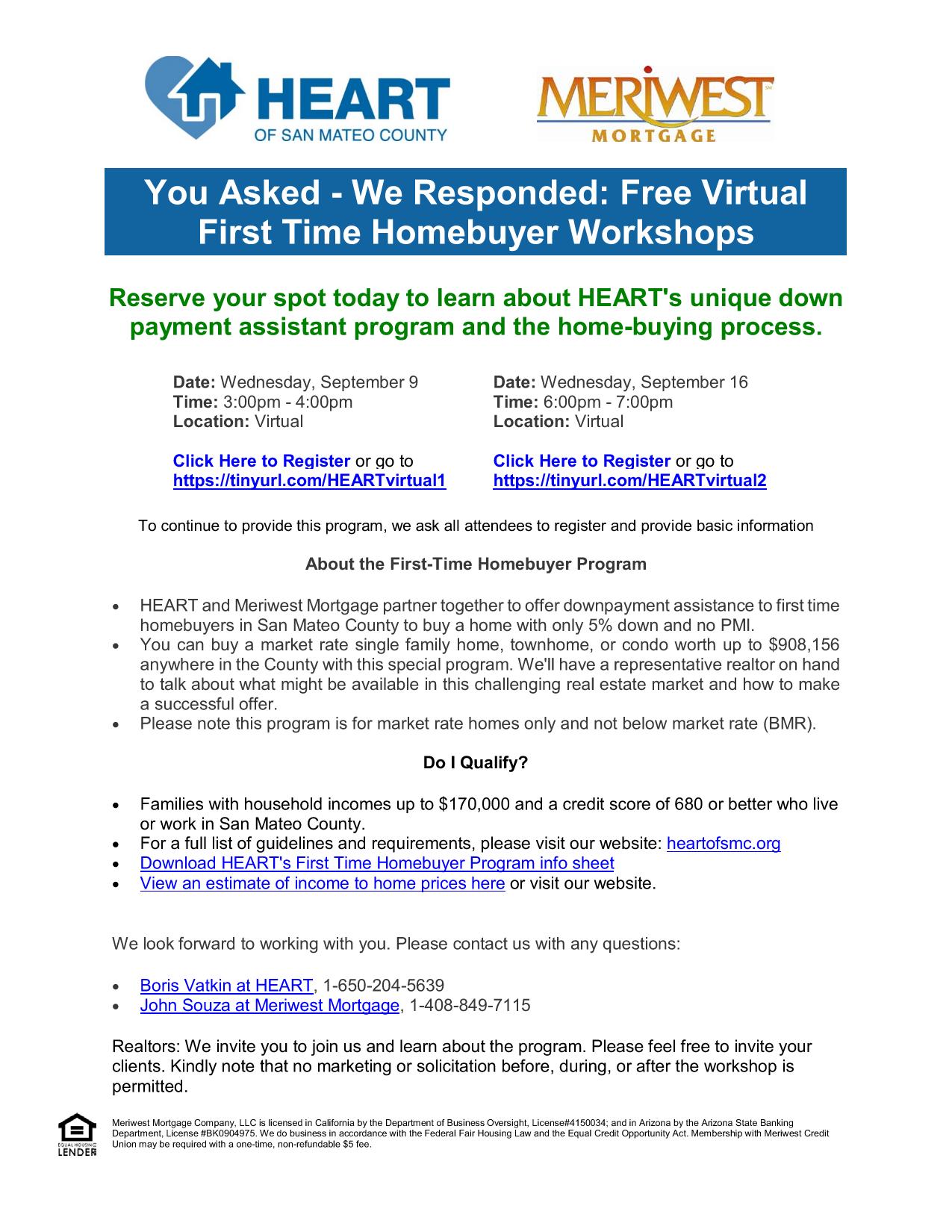 Flyer of the free virtual first time homebuyer workshops